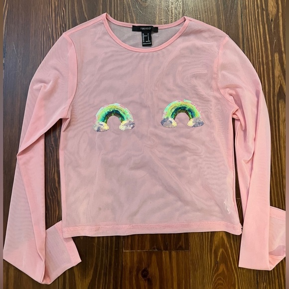 FOREVER 21 Pink Mesh Long Sleeve Rainbow Sequin Crop Top Rave Festivals EDC - Picture 2 of 4